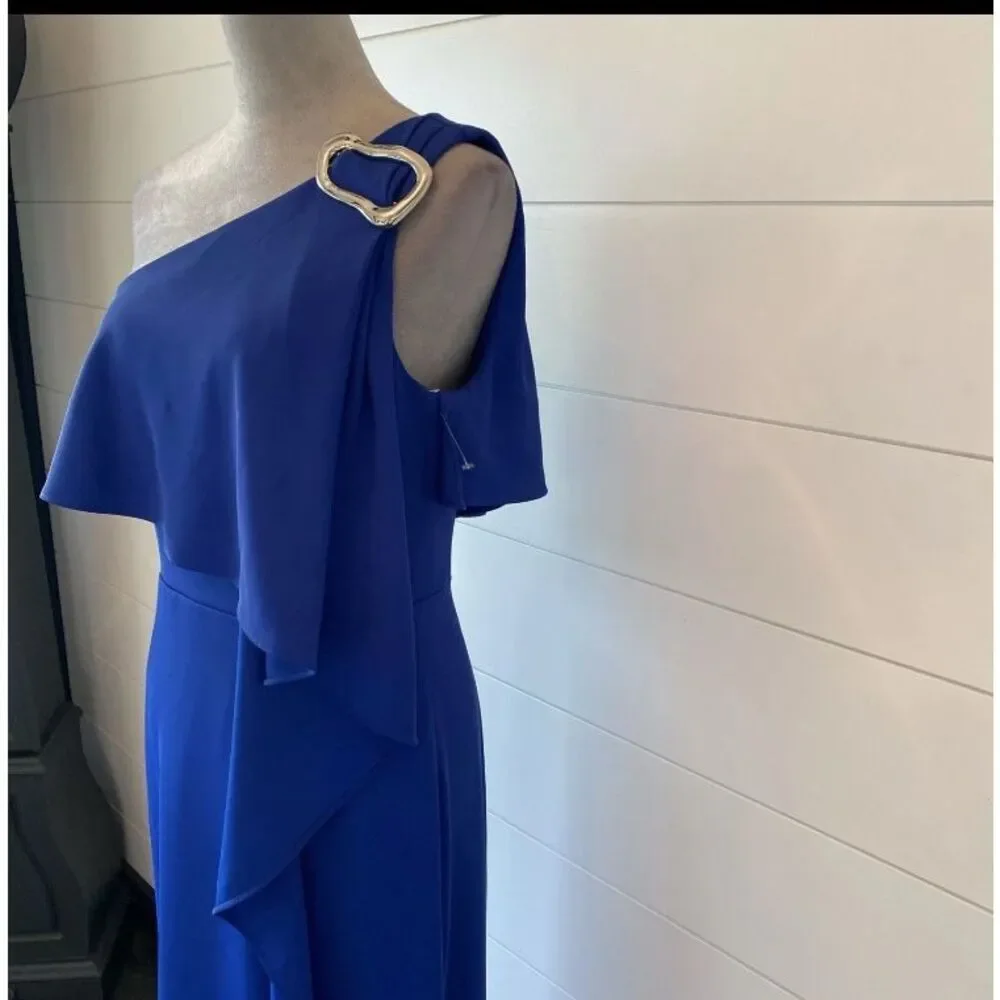 Halston Prussian Blue Joelle One-Shoulder Fluid Crepe Gown Size 2 NWT